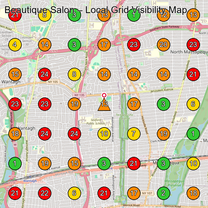 Beautique Salon Hair Salon GeoGrid ranking map for Seaford NY